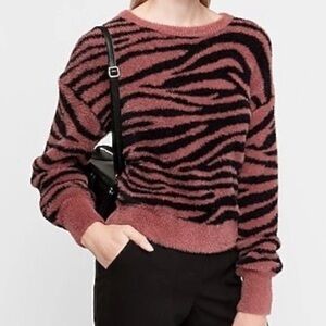 Express Women S Zebra Animal Print Balloon Sleeves Crew Neck Fuzzy Knit Sweater
